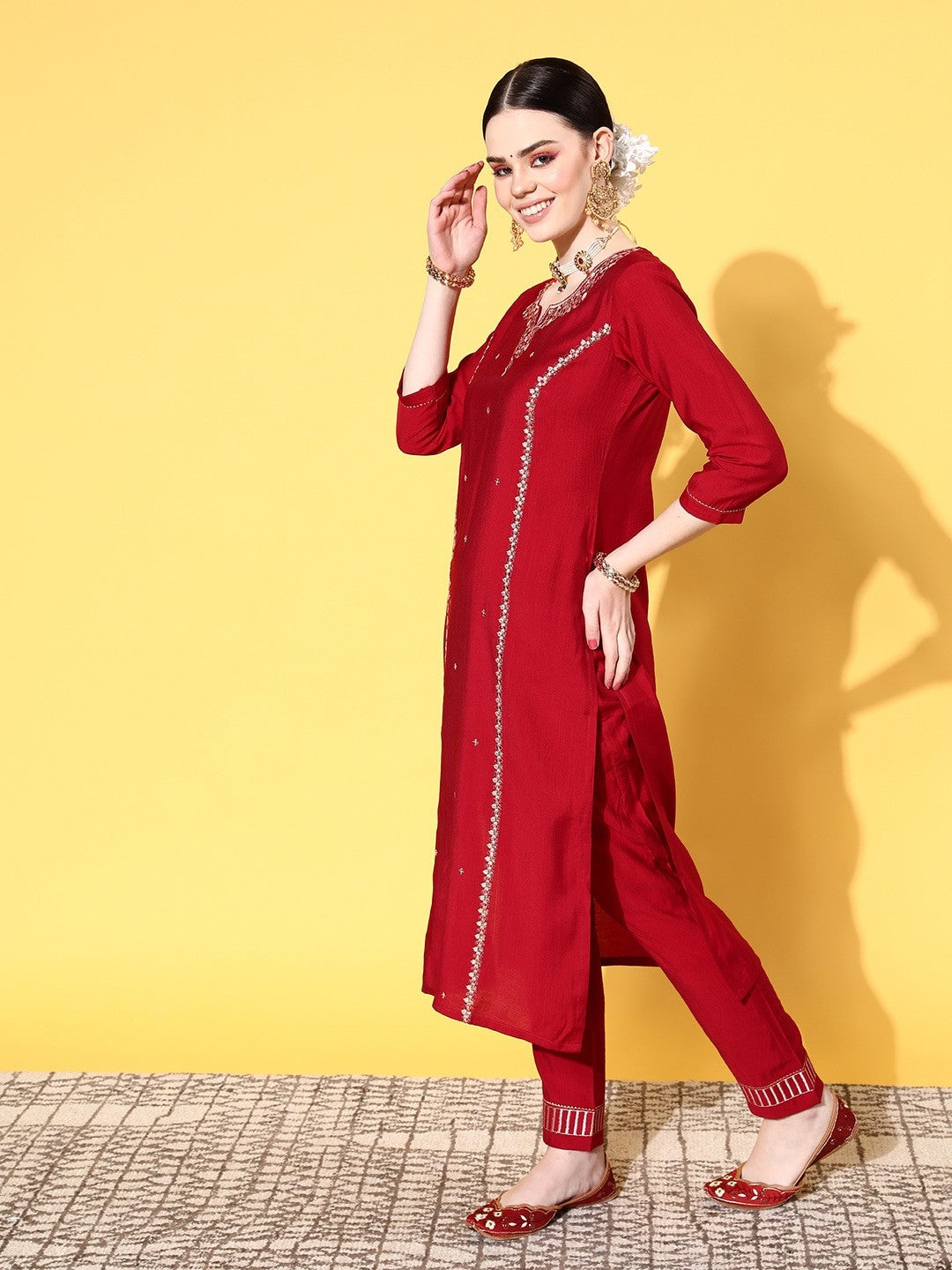 Red Party Wear Embroidery Worked Kurta With Pant And Duppata Set