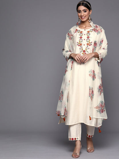 Off White Party Wear Embroidery Worked Kurta With Pant And Duppata Set