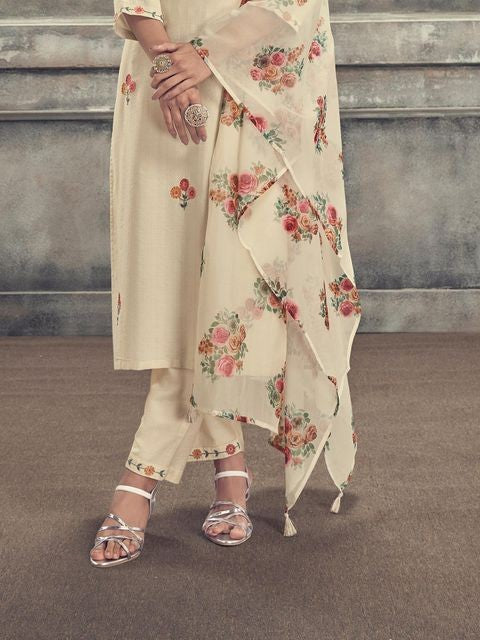 Off White Party Wear Embroidery Worked Kurta With Pant And Duppata Set