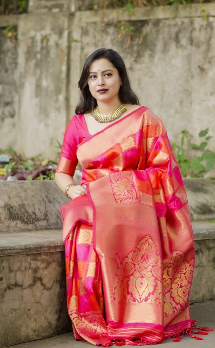 Pink and Red Beautiful Rich Pallu and Jacquard Soft Silk Saree - jayaearth