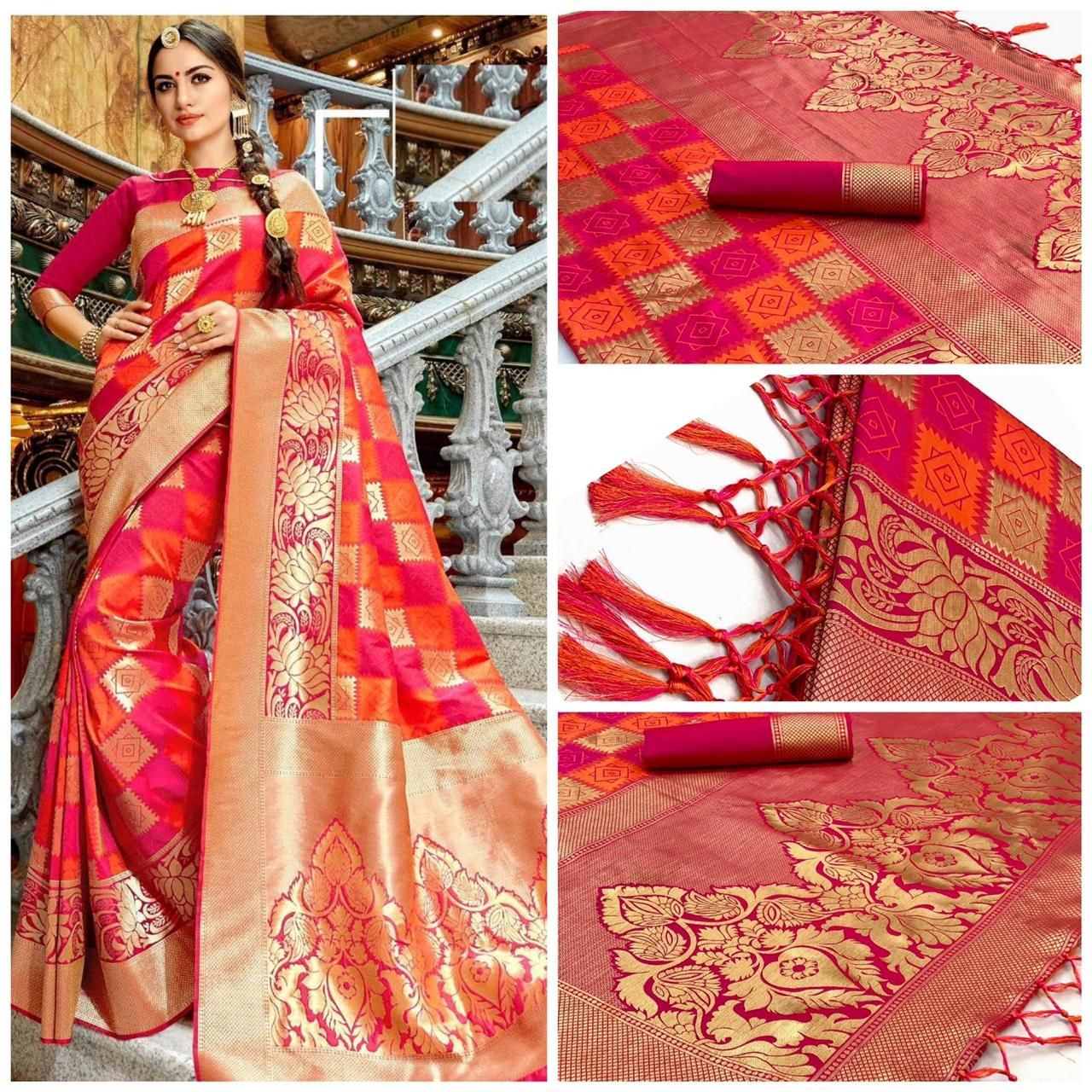 Pink and Red Beautiful Rich Pallu and Jacquard Soft Silk Saree - jayaearth