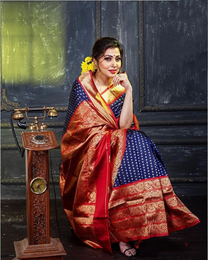 Bule and Red Soft Lichi Silk Saree - jayaearth