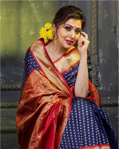 Bule and Red Soft Lichi Silk Saree - jayaearth