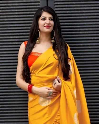 Yellow and Red  Beautiful Rich Pallu and Jacquard Soft Silk Saree - jayaearth