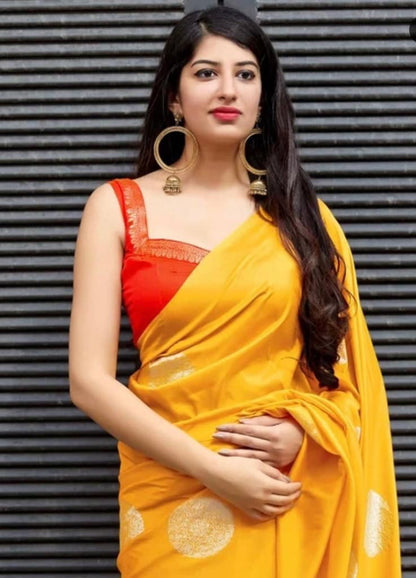 Yellow and Red  Beautiful Rich Pallu and Jacquard Soft Silk Saree - jayaearth