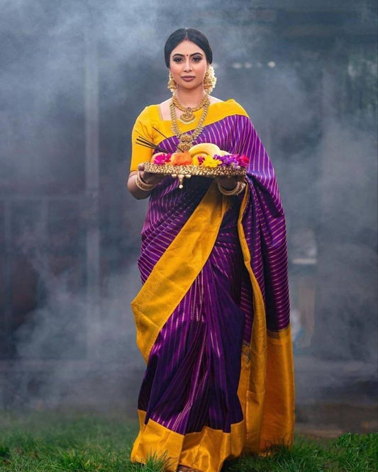 Purple And Yellow Lichi Silk Saree With Beautiful Pallu - jayaearth