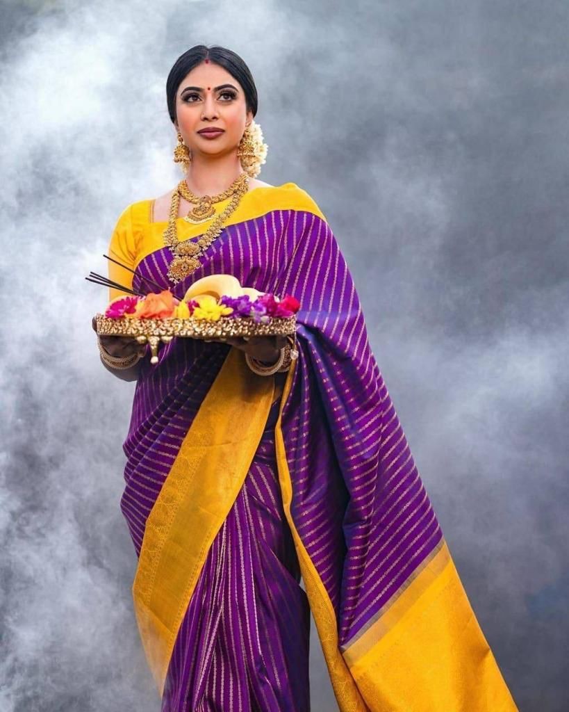 Purple And Yellow Lichi Silk Saree With Beautiful Pallu - jayaearth