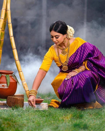 Purple And Yellow Lichi Silk Saree With Beautiful Pallu - jayaearth