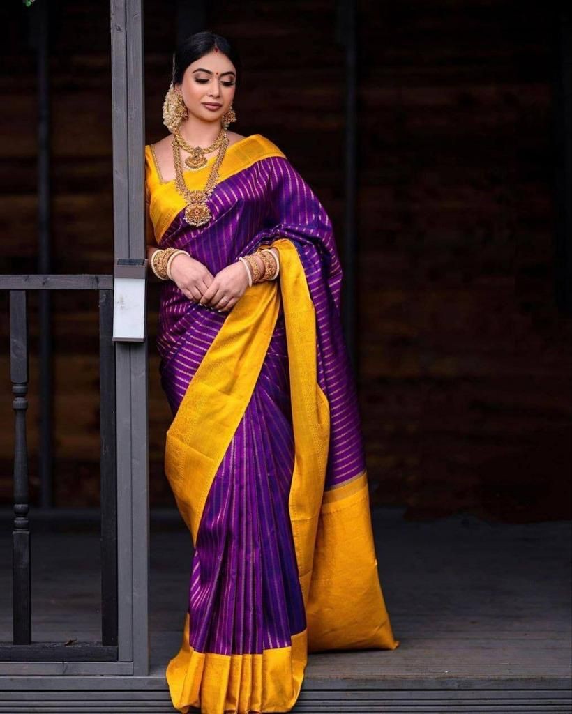 Purple And Yellow Lichi Silk Saree With Beautiful Pallu - jayaearth