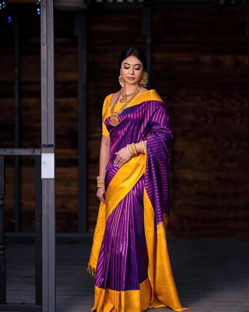 Purple And Yellow Lichi Silk Saree With Beautiful Pallu - jayaearth