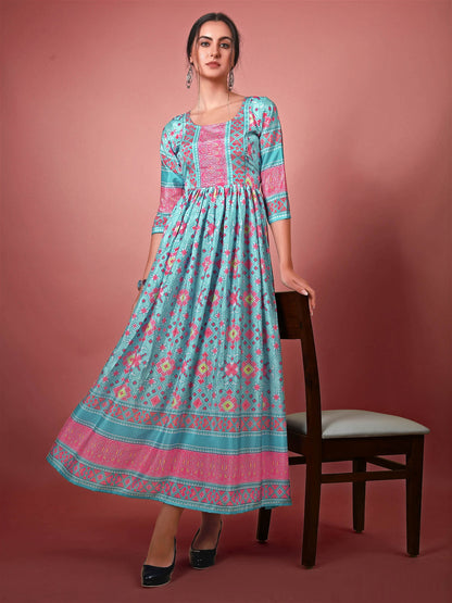 Moonstone Blue Chinon Digital Printed Long Gown