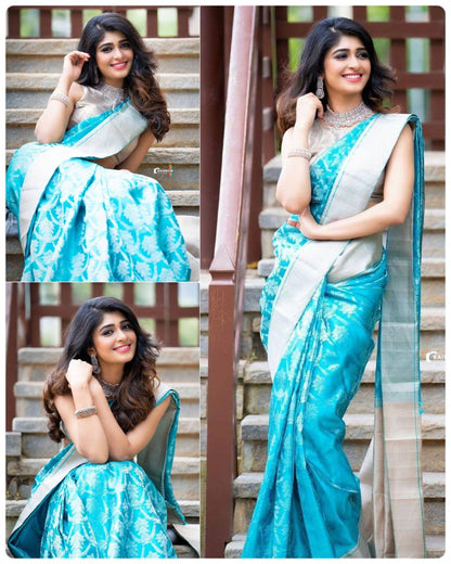 Sky Blue Jacquard Work Lichi Silk Saree