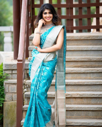 Sky Blue Jacquard Work Lichi Silk Saree