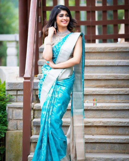 Sky Blue Jacquard Work Lichi Silk Saree