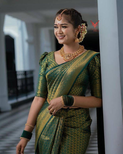 Dark Green Soft Lichi Silk Saree With Zari Weaving Work