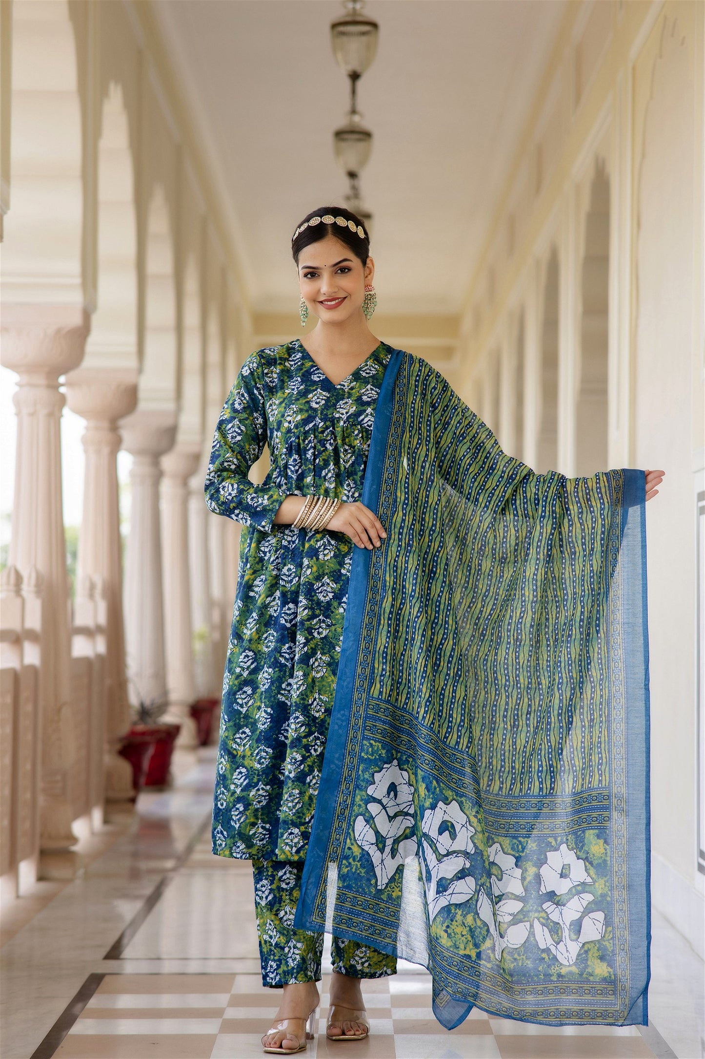 Women Printed A-Line Kurta and Pant Set with Dupatta Set