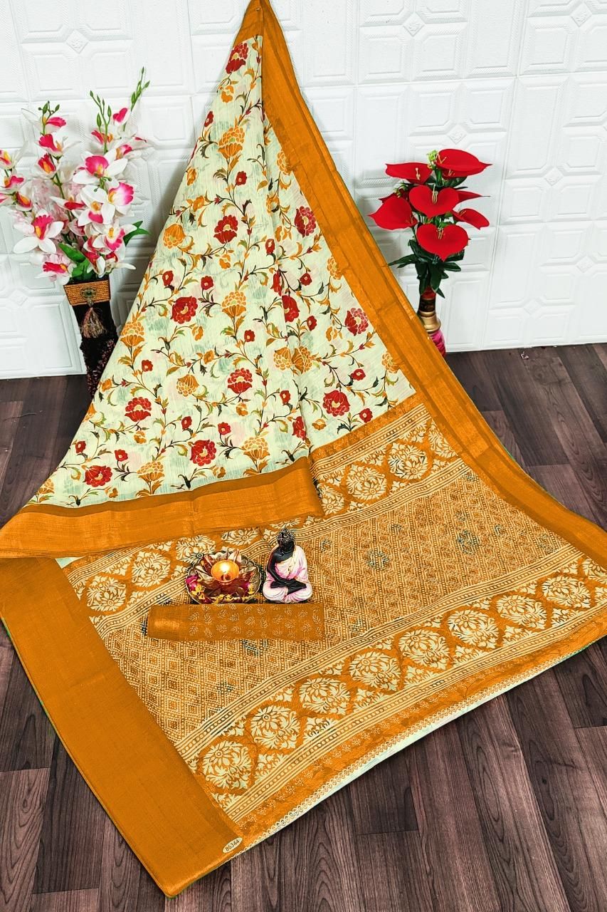 Pretty Floral Printed Cotton Saree - jayaearth